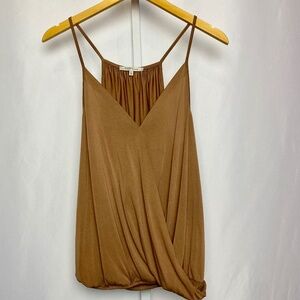Cozy Casual Womenʻs Brown Spaghetti Strap Wrap Front Blouse w/ Elastic Hem Large